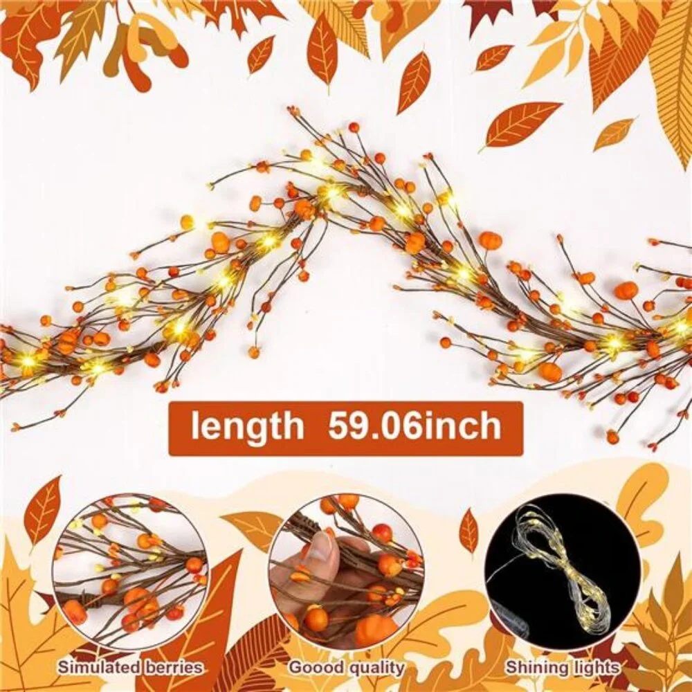 59 Inches Fall Garland with Lights Artificial Autumn Garland with Pumpkin